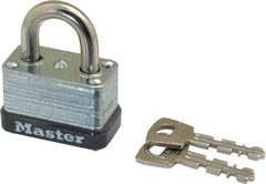 Master Lock - 9/16" Shackle Clearance, Keyed Different Laminated Steel Padlock - 1/4" Shackle Diam, Laminated Steel - Apex Tool & Supply