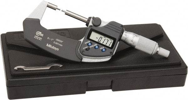 Mitutoyo - 1 Inch, 32mm Throat Depth, Electronic Spline Micrometer - Accurate Up to 0.0001 Inch, 1/4 Inch Spindle Diameter, 0.18mm Head Diameter, Ratchet Stop Thimble, Data Output - Apex Tool & Supply