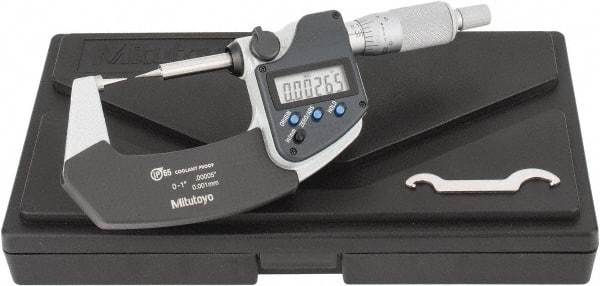 Mitutoyo - 1 Inch, 32mm Throat Depth, Ratchet Stop, Electronic Point Micrometer - Accurate Up to 0.0001 Inch, 0.3937 Inch Point Length, 15° Point Angle, 18mm Head Diameter - Apex Tool & Supply