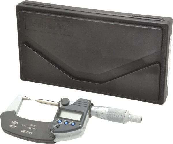 Mitutoyo - 1 Inch, 32mm Throat Depth, Ratchet Stop, Electronic Point Micrometer - Accurate Up to 0.0001 Inch, 0.3937 Inch Point Length, 30° Point Angle, 18mm Head Diameter - Apex Tool & Supply
