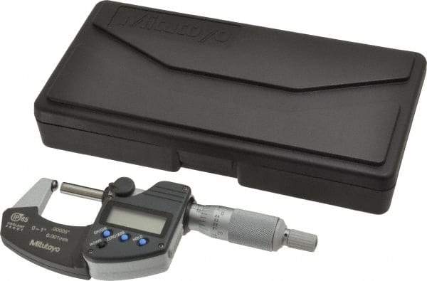 Mitutoyo - 25.4mm Max Measurement, Spherical Face Micrometer - Accuracy Up to 0.0001 Inch, Data Output, 0.0001 Inch Resolution, Electronic Operation, Ratchet Stop Thimble, IP65 Water Resistance Rating, SR44 Battery - Apex Tool & Supply