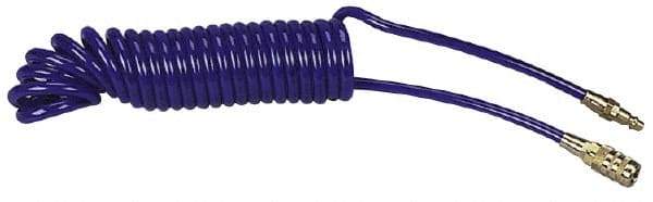 Coilhose Pneumatics - 1/4" ID, 1/4 Thread, 15' Long, Blue Polyurethane Coiled & Self Storing Hose - 125 Max psi, Industrial Interchange Coupler x Plug - Apex Tool & Supply