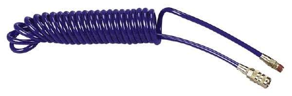 Coilhose Pneumatics - 1/4" ID, 1/4 Thread, 15' Long, Blue Polyurethane Coiled & Self Storing Hose - 125 Max psi, Industrial Interchange Coupler x Male Swivel - Apex Tool & Supply