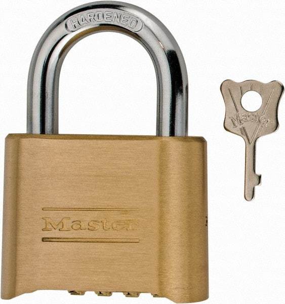 Master Lock - 2" Body Width, 1" Shackle Clearance, Steel & Brass Combination Lock - 5/16" Shackle Diam - Apex Tool & Supply