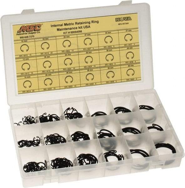 Made in USA - 174 Piece, M10 to M40, Steel, Snap Internal Retaining Ring Assortment - Includes Compartmented Case, Specification Labels - Apex Tool & Supply