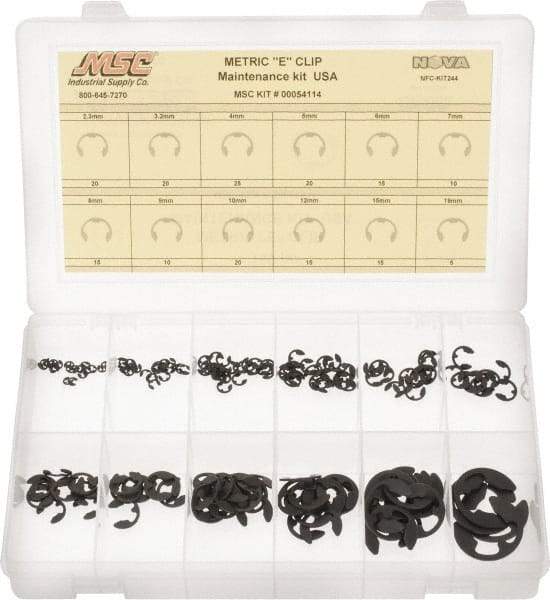 Made in USA - 190 Piece, M2.3 to M19, Steel, E Style External Retaining Ring Assortment - Includes Compartmented Case, Specification Labels - Apex Tool & Supply