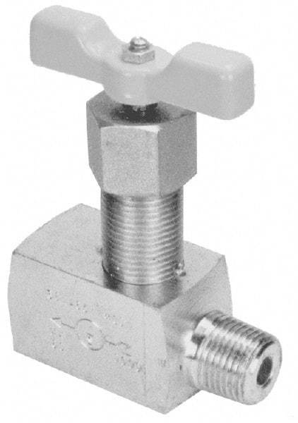 Made in USA - 1/4" Pipe, Angled Hard Seat Needle Valve - MNPT x FNPT Ends, Alloy Valve, 10,000 Max psi - Apex Tool & Supply