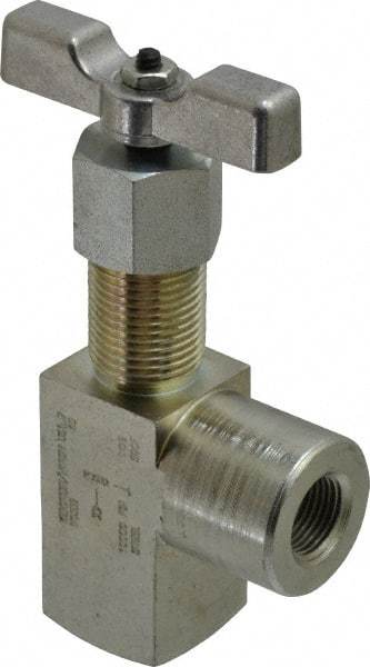 Made in USA - 3/8" Pipe, Angled Hard Seat Needle Valve - FNPT x FNPT Ends, Alloy Valve, 10,000 Max psi - Apex Tool & Supply