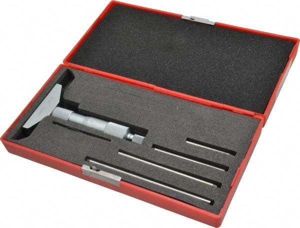 Value Collection - 0 to 4" Range, 4 Rod, Satin Chrome Finish Mechanical Depth Micrometer - Ball Thimble, 2-1/2" Base Length, 0.001" Graduation, 4.5mm Rod Diam - Apex Tool & Supply