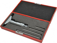 Value Collection - 0 to 4" Range, 4 Rod, Satin Chrome Finish Mechanical Depth Micrometer - Ball Thimble, 2-1/2" Base Length, 0.001" Graduation, 4.5mm Rod Diam - Apex Tool & Supply