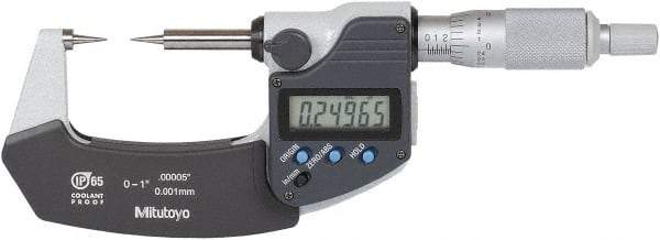Mitutoyo - 1 Inch, 32mm Throat Depth, Ratchet Stop, Digital Point Micrometer - Accurate Up to 0.0001 Inch, 15° Point Angle - Apex Tool & Supply