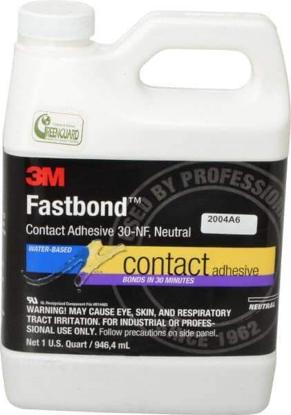 3M - 32 oz Can Natural Contact Adhesive - Series 30NF, 15 to 30 min Working Time, 4 hr Full Cure Time, Bonds to Cardboard, Ceramic, Fabric, Fiberglass, Foam, Glass, Leather, Metal, Plastic, Rubber, Vinyl & Wood - Apex Tool & Supply