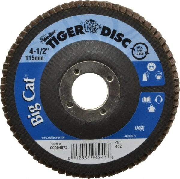 Weiler - 40 Grit, 4-1/2" Disc Diam, 7/8" Center Hole, Type 27 Zirconia Alumina Flap Disc - 12,000 Max RPM, Phenolic Backing, Arbor Attaching System, Coated - Apex Tool & Supply