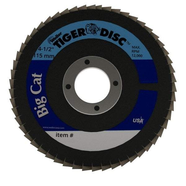 Weiler - 60 Grit, 4-1/2" Disc Diam, 7/8" Center Hole, Type 27 Zirconia Alumina Flap Disc - 12,000 Max RPM, Phenolic Backing, Arbor Attaching System, Coated - Apex Tool & Supply
