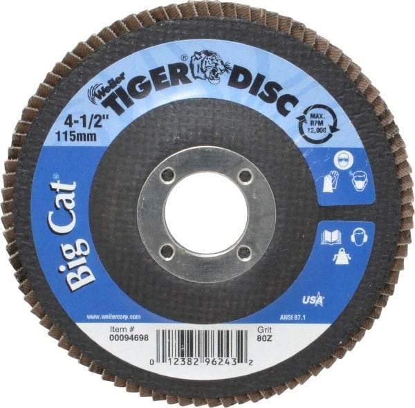 Weiler - 80 Grit, 4-1/2" Disc Diam, 7/8" Center Hole, Type 27 Zirconia Alumina Flap Disc - 12,000 Max RPM, Phenolic Backing, Arbor Attaching System, Coated - Apex Tool & Supply