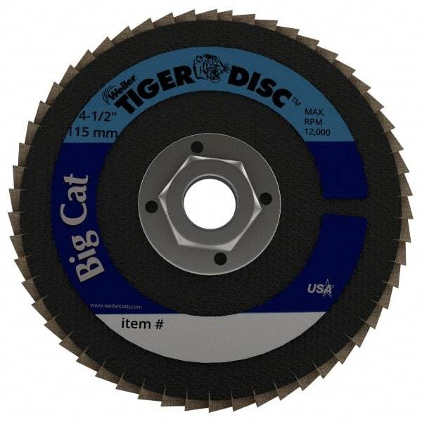 Weiler - 40 Grit, 4-1/2" Disc Diam, 5/8-11 Center Hole, Type 27 Zirconia Alumina Flap Disc - 12,000 Max RPM, Phenolic Backing, Arbor Attaching System, Coated - Apex Tool & Supply