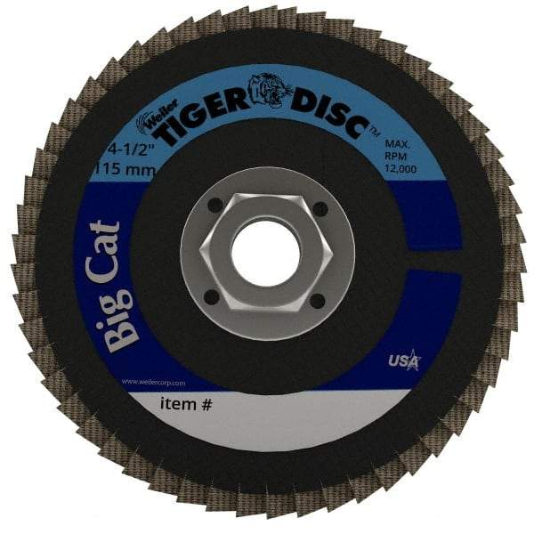 Weiler - 60 Grit, 4-1/2" Disc Diam, 5/8-11 Center Hole, Type 27 Zirconia Alumina Flap Disc - 12,000 Max RPM, Phenolic Backing, Arbor Attaching System, Coated - Apex Tool & Supply