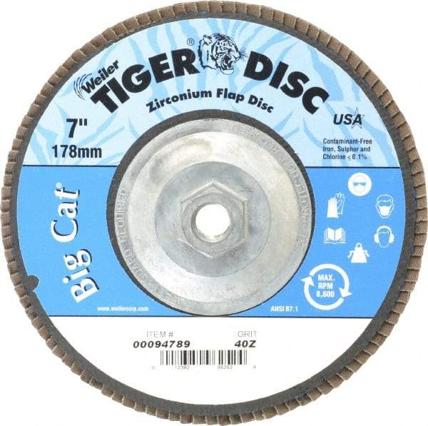 Weiler - 40 Grit, 7" Disc Diam, 5/8-11 Center Hole, Type 27 Zirconia Alumina Flap Disc - 8,600 Max RPM, Phenolic Backing, Arbor Attaching System, Coated - Apex Tool & Supply