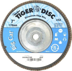 Weiler - 40 Grit, 7" Disc Diam, 5/8-11 Center Hole, Type 27 Zirconia Alumina Flap Disc - 8,600 Max RPM, Phenolic Backing, Arbor Attaching System, Coated - Apex Tool & Supply