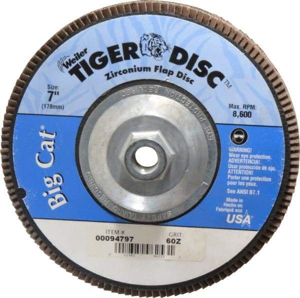 Weiler - 60 Grit, 7" Disc Diam, 5/8-11 Center Hole, Type 27 Zirconia Alumina Flap Disc - 8,600 Max RPM, Phenolic Backing, Arbor Attaching System, Coated - Apex Tool & Supply