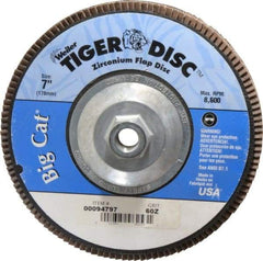 Weiler - 60 Grit, 7" Disc Diam, 5/8-11 Center Hole, Type 27 Zirconia Alumina Flap Disc - 8,600 Max RPM, Phenolic Backing, Arbor Attaching System, Coated - Apex Tool & Supply