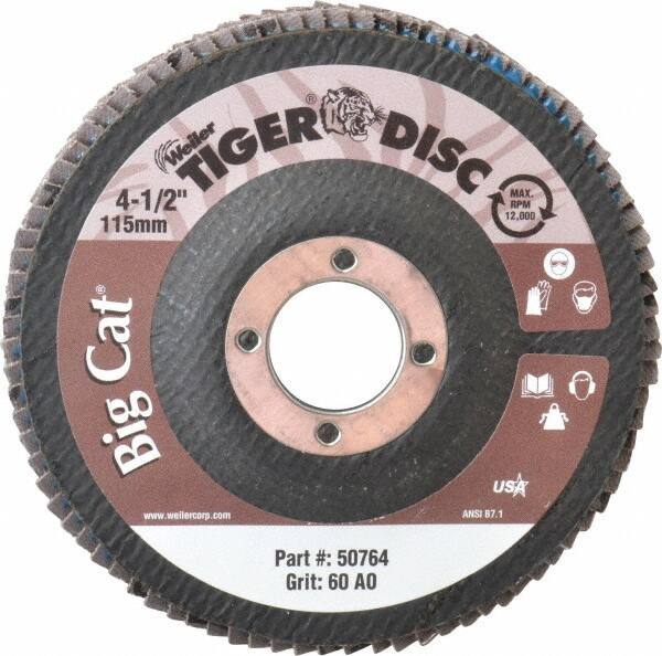 Weiler - 60 Grit, 4-1/2" Disc Diam, 7/8" Center Hole, Type 27 Aluminum Oxide Flap Disc - 12,000 Max RPM, Phenolic Backing, Arbor Attaching System, Coated - Apex Tool & Supply