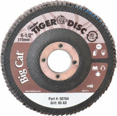 Weiler - 60 Grit, 4-1/2" Disc Diam, 7/8" Center Hole, Type 27 Aluminum Oxide Flap Disc - 12,000 Max RPM, Phenolic Backing, Arbor Attaching System, Coated - Apex Tool & Supply