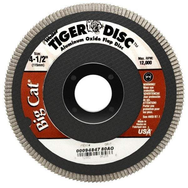 Weiler - 80 Grit, 4-1/2" Disc Diam, 7/8" Center Hole, Type 27 Aluminum Oxide Flap Disc - 12,000 Max RPM, Phenolic Backing, Arbor Attaching System, Coated - Apex Tool & Supply