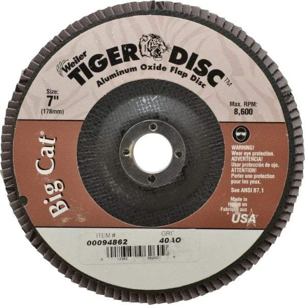 Weiler - 40 Grit, 7" Disc Diam, 7/8" Center Hole, Type 27 Aluminum Oxide Flap Disc - 8,600 Max RPM, Phenolic Backing, Arbor Attaching System, Coated - Apex Tool & Supply