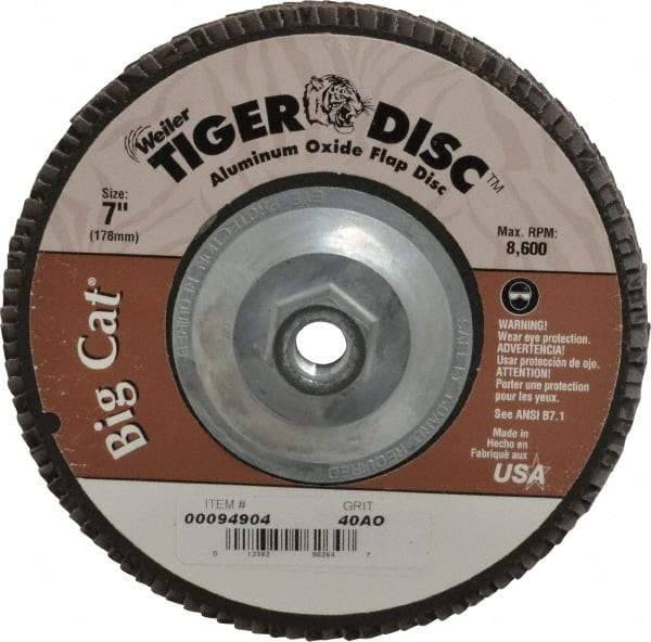 Weiler - 40 Grit, 7" Disc Diam, 5/8-11 Center Hole, Type 27 Aluminum Oxide Flap Disc - 8,600 Max RPM, Phenolic Backing, Arbor Attaching System, Coated - Apex Tool & Supply