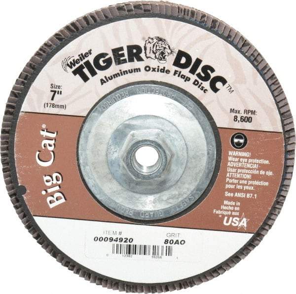 Weiler - 80 Grit, 7" Disc Diam, 5/8-11 Center Hole, Type 27 Aluminum Oxide Flap Disc - 8,600 Max RPM, Phenolic Backing, Arbor Attaching System, Coated - Apex Tool & Supply