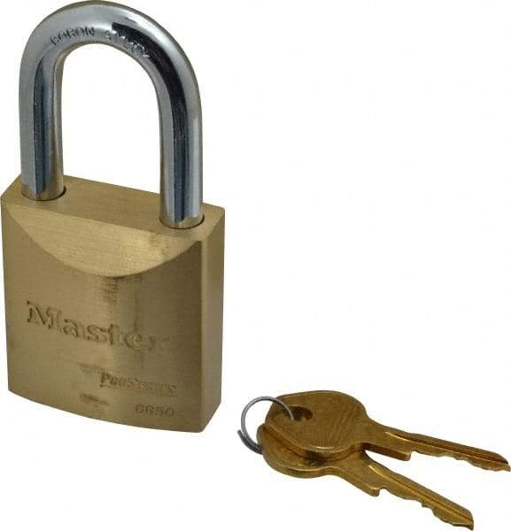 Master Lock - 1-1/2" Shackle Clearance, Keyed Different Pro Series Padlock - 29/32" Shackle Width, 3/8" Shackle Diam, Brass - Apex Tool & Supply