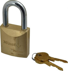 Master Lock - 1-1/2" Shackle Clearance, Keyed Different Pro Series Padlock - 29/32" Shackle Width, 3/8" Shackle Diam, Brass - Apex Tool & Supply