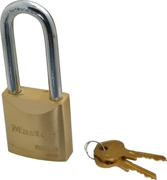 Master Lock - 2-1/2" Shackle Clearance, Keyed Different Pro Series Padlock - 29/32" Shackle Width, 3/8" Shackle Diam, Brass - Apex Tool & Supply