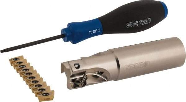 Seco - 1" Cut Diam, 0.433" Max Depth of Cut, 1" Shank Diam, 4" OAL, Indexable Square Shoulder End Mill - XO.X 1204 Inserts, Weldon Shank, 90° Lead Angle, Through Coolant, Series Super Turbo - Apex Tool & Supply