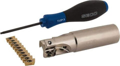 Seco - 1" Cut Diam, 0.433" Max Depth of Cut, 1" Shank Diam, 4" OAL, Indexable Square Shoulder End Mill - XO.X 1204 Inserts, Weldon Shank, 90° Lead Angle, Through Coolant, Series Super Turbo - Apex Tool & Supply