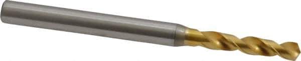 OSG - 3.0988mm 130° Spiral Flute Vanadium High Speed Steel Screw Machine Drill Bit - TiN Finish, Right Hand Cut, 18mm Flute Length, 50mm OAL, Faceted Point, Straight Shank - Apex Tool & Supply