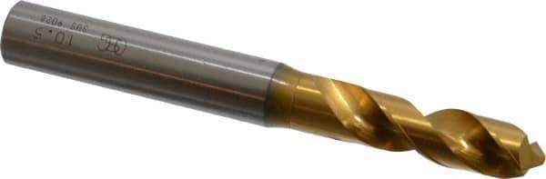 OSG - 10.50036mm 120° Spiral Flute Vanadium High Speed Steel Screw Machine Drill Bit - TiN Finish, Right Hand Cut, 43mm Flute Length, 100mm OAL, Faceted Point, Straight Shank - Apex Tool & Supply