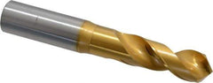 OSG - 18.00098mm 120° Spiral Flute Vanadium High Speed Steel Screw Machine Drill Bit - TiN Finish, Right Hand Cut, 60mm Flute Length, 128mm OAL, Faceted Point, Straight Shank - Apex Tool & Supply