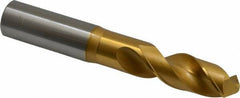 OSG - 18.49882mm 120° Spiral Flute Vanadium High Speed Steel Screw Machine Drill Bit - TiN Finish, Right Hand Cut, 64mm Flute Length, 130mm OAL, Faceted Point, Straight Shank - Apex Tool & Supply