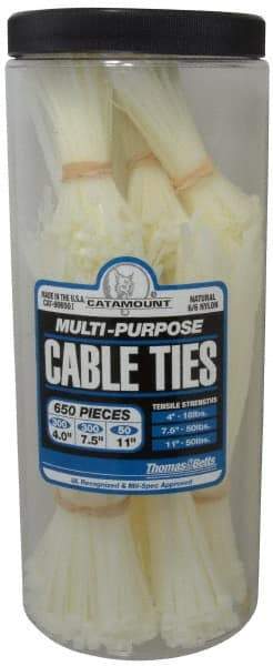 Thomas & Betts - 4 to 11 Inch Range, White Cable Ties - 3 Inch Bundle Diameter, 18, 40 and 50 Lb. Strength, Nylon - Apex Tool & Supply