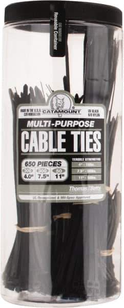 Thomas & Betts - 4 to 11 Inch Range, Black Cable Ties - 3 Inch Bundle Diameter, 18, 40 and 50 Lb. Strength, Nylon - Apex Tool & Supply