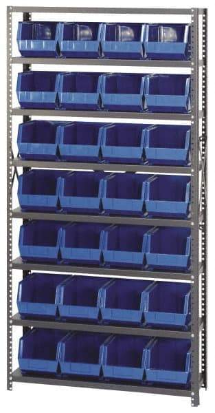 Quantum Storage - 12" Deep x 36" Wide x 75" High, Steel Open Hopper Storage Unit - 7/8 Shelves, 28 Yellow Plastic Bins, 8-1/4" Bin Width x 7" Bin Height x 11" Bin Depth - Apex Tool & Supply
