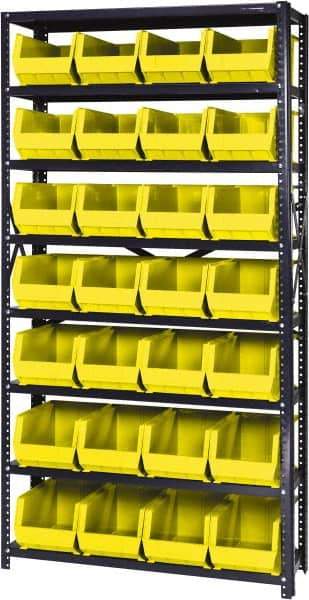 Quantum Storage - 12" Deep x 36" Wide x 75" High, Steel Open Hopper Storage Unit - 7/8 Shelves, 28 Blue Plastic Bins, 8-1/4" Bin Width x 7" Bin Height x 14-3/4" Bin Depth - Apex Tool & Supply