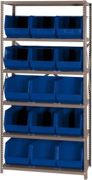Quantum Storage - 18" Deep x 36" Wide x 75" High, Steel Open Hopper Storage Unit - 5/6 Shelves, 15 Blue Plastic Bins, 11" Bin Width x 10" Bin Height x 18" Bin Depth - Apex Tool & Supply