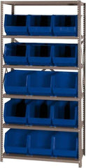 Quantum Storage - 18" Deep x 36" Wide x 75" High, Steel Open Hopper Storage Unit - 5/6 Shelves, 15 Blue Plastic Bins, 11" Bin Width x 10" Bin Height x 18" Bin Depth - Apex Tool & Supply