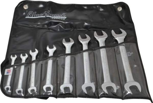 Blackhawk by Proto - 8 Piece, 6mm x 7mm to 20mm x 22mm, Open End Wrench Set - Metric Measurement Standard, Full Polish Finish, Comes in Vinyl Roll - Apex Tool & Supply