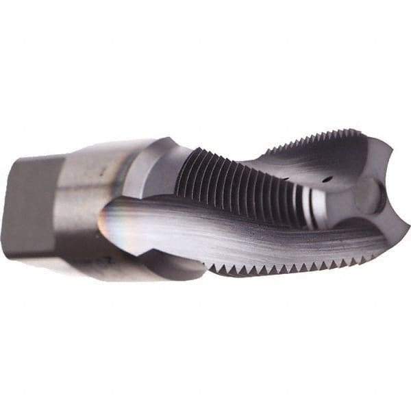 Emuge - 1/8-27 NPT, 15° Helix, 3 Flutes, TiN Finish, Cobalt, Spiral Flute Pipe Tap - Right Hand Flute, 3/4" Thread Length, 0.328" Square Size, Series KEG - Apex Tool & Supply