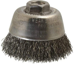 Osborn - 3-1/2" Diam, 5/8-11 Threaded Arbor, Steel Fill Cup Brush - 0.02 Wire Diam, 1" Trim Length, 7,500 Max RPM - Apex Tool & Supply