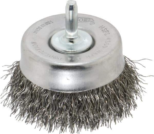 Osborn - 2-1/2" Diam, 1/4" Shank Diam, Steel Fill Cup Brush - 0.014 Wire Diam, 5/8" Trim Length, 4,500 Max RPM - Apex Tool & Supply